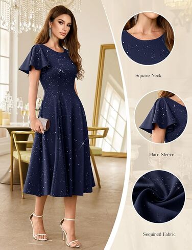 HomRain Women's Sequin Formal Dresses Wedding Guest Cocktail Party A-Line Flare Sleeve Gowns in Saudi Arabia