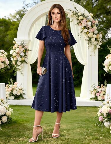HomRain Women's Sequin Formal Dresses Wedding Guest Cocktail Party A-Line Flare Sleeve Gowns in Saudi Arabia