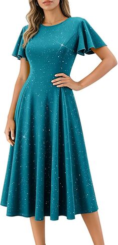HomRain Women's Sequin Formal Dresses Wedding Guest Cocktail Party A-Line Flare Sleeve Gowns in Saudi Arabia