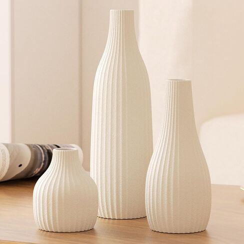Decorative Flower Vase Set of 3 - Modern Boho Style White Vases, Ribbed Textures Ceramic Vase for Home Decor Shelf Bookshelf Mantle TV Stand Entryway Console, Dining Table Centerpiece Decor in Saudi Arabia