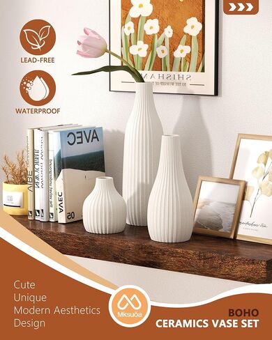 Decorative Flower Vase Set of 3 - Modern Boho Style White Vases, Ribbed Textures Ceramic Vase for Home Decor Shelf Bookshelf Mantle TV Stand Entryway Console, Dining Table Centerpiece Decor in Saudi Arabia
