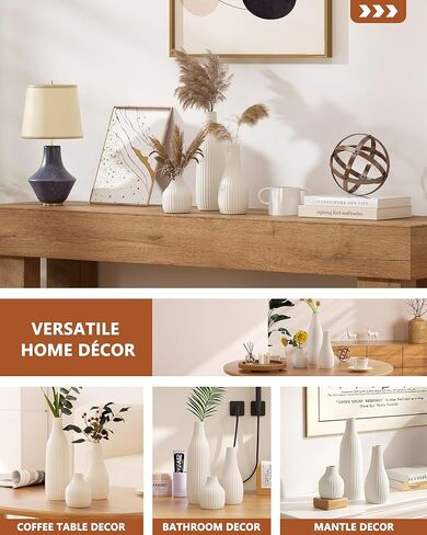 Decorative Flower Vase Set of 3 - Modern Boho Style White Vases, Ribbed Textures Ceramic Vase for Home Decor Shelf Bookshelf Mantle TV Stand Entryway Console, Dining Table Centerpiece Decor in Saudi Arabia