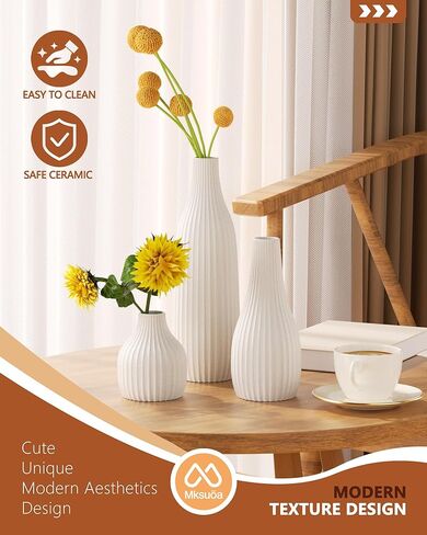 Decorative Flower Vase Set of 3 - Modern Boho Style White Vases, Ribbed Textures Ceramic Vase for Home Decor Shelf Bookshelf Mantle TV Stand Entryway Console, Dining Table Centerpiece Decor in Saudi Arabia