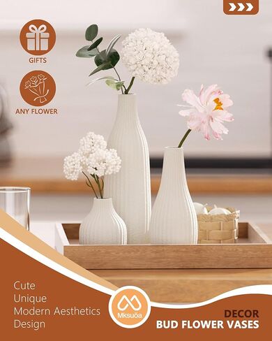 Decorative Flower Vase Set of 3 - Modern Boho Style White Vases, Ribbed Textures Ceramic Vase for Home Decor Shelf Bookshelf Mantle TV Stand Entryway Console, Dining Table Centerpiece Decor in Saudi Arabia