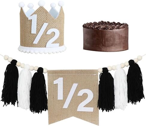 1/2 Birthday High Chair Banner, Half Birthday Crown Hat, Decorations for 6 Months Baby Party, White Photo Props in Saudi Arabia