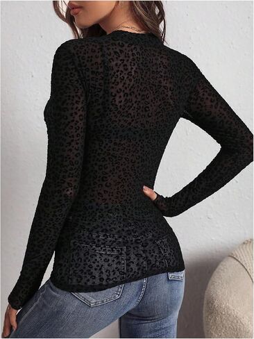WDIRARA Women's Plus Size Leopard T Shirts Long Sleeve Sheer Mesh See Through Tops in Saudi Arabia