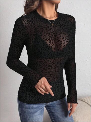 WDIRARA Women's Plus Size Leopard T Shirts Long Sleeve Sheer Mesh See Through Tops in Saudi Arabia