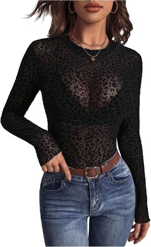 WDIRARA Women's Plus Size Leopard T Shirts Long Sleeve Sheer Mesh See Through Tops in Saudi Arabia