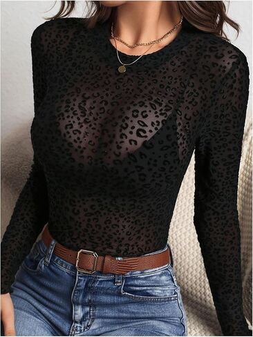 WDIRARA Women's Plus Size Leopard T Shirts Long Sleeve Sheer Mesh See Through Tops in Saudi Arabia