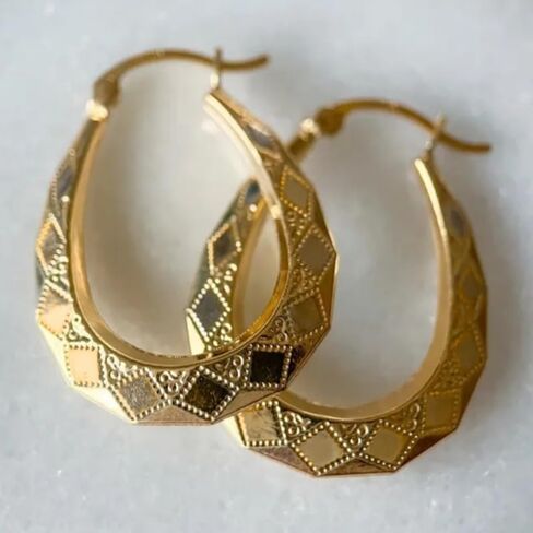 Vintage Oval Golden Hoop Earrings Hand Carved Patterned Earrings in Saudi Arabia