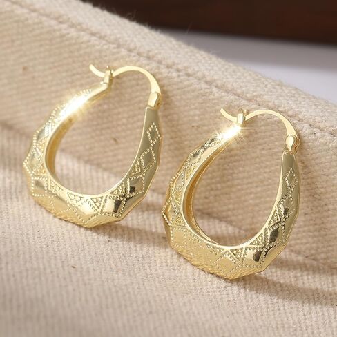 Vintage Oval Golden Hoop Earrings Hand Carved Patterned Earrings in Saudi Arabia