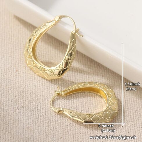 Vintage Oval Golden Hoop Earrings Hand Carved Patterned Earrings in Saudi Arabia