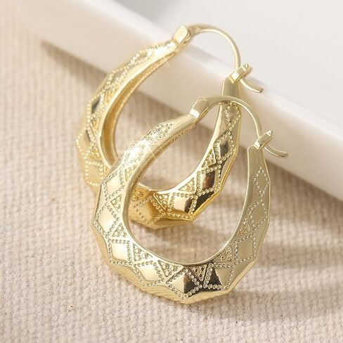 Vintage Oval Golden Hoop Earrings Hand Carved Patterned Earrings in Saudi Arabia