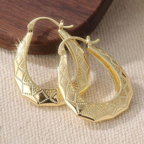 Vintage Oval Golden Hoop Earrings Hand Carved Patterned Earrings in Saudi Arabia