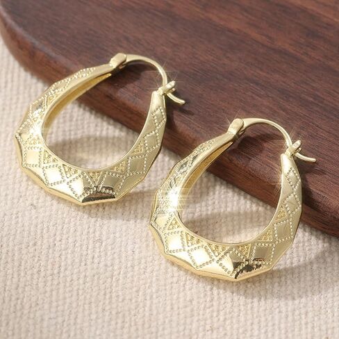 Vintage Oval Golden Hoop Earrings Hand Carved Patterned Earrings in Saudi Arabia