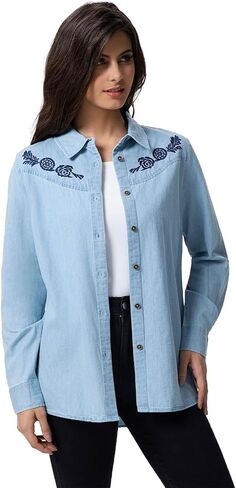 FASHIONSPARK Women’s Denim Shirt Long Sleeve Embroidered Western Button Down Jean Blouse Casual Lightweight Tops in Saudi Arabia