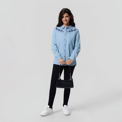 FASHIONSPARK Women’s Denim Shirt Long Sleeve Embroidered Western Button Down Jean Blouse Casual Lightweight Tops in Saudi Arabia