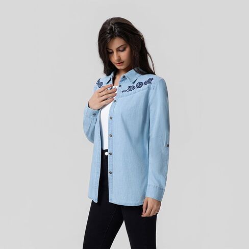 FASHIONSPARK Women’s Denim Shirt Long Sleeve Embroidered Western Button Down Jean Blouse Casual Lightweight Tops in Saudi Arabia