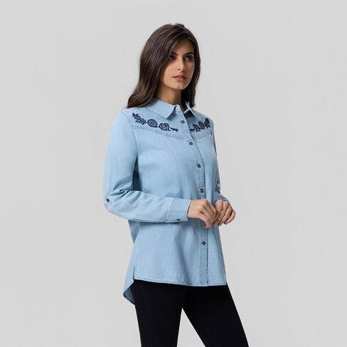 FASHIONSPARK Women’s Denim Shirt Long Sleeve Embroidered Western Button Down Jean Blouse Casual Lightweight Tops in Saudi Arabia
