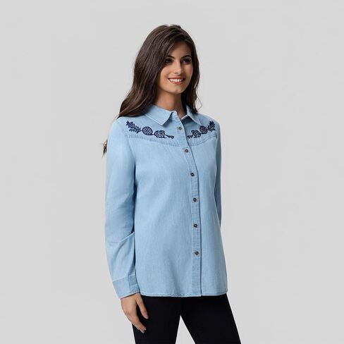 FASHIONSPARK Women’s Denim Shirt Long Sleeve Embroidered Western Button Down Jean Blouse Casual Lightweight Tops in Saudi Arabia