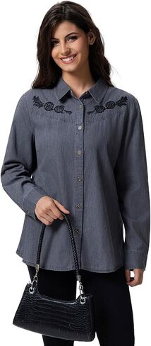 FASHIONSPARK Women’s Denim Shirt Long Sleeve Embroidered Western Button Down Jean Blouse Casual Lightweight Tops in Saudi Arabia