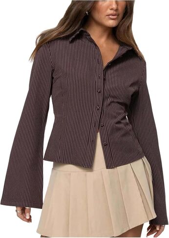 GORGLITTER Women's Striped Button Down Fitted Blouse Bell Long Sleeve Collared Business Casual Cropped Shirt Tops in Saudi Arabia