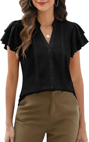 Blooming Jelly Womens Dressy Casual Tops V Neck Button Down Shirts Ruffle Short Sleeve Blouse in Saudi Arabia