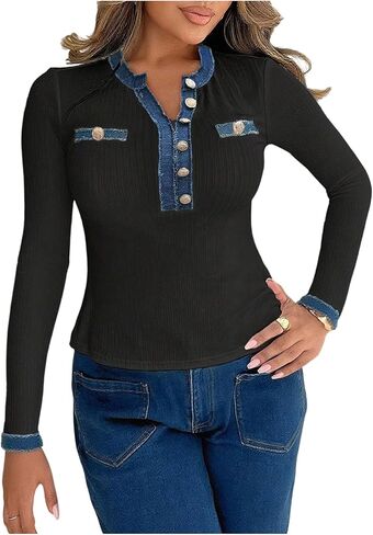 winkbay Women's Elegant Button Front Long Sleeve Tops Dressy Casual Notch Neck Fitted T Shirts in Saudi Arabia