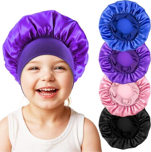 Satin Bonnets for Kids Sleeping, 4pcs Kids Elastic Wide Band Bonnet Sleep Cap for Curly Natural, Wide Band Bonnets Sleep Cap for Children, Silk Bonnet for Sleeping Kid(4 Colors) in Saudi Arabia