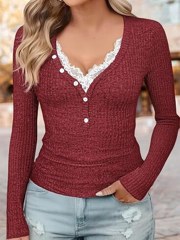 Flamingals Women's Long Sleeve Lace Trim Tunic Tops Button Down Casual Deep V Neck Y2K Going Out Fitted Ribbed Shirts in Saudi Arabia