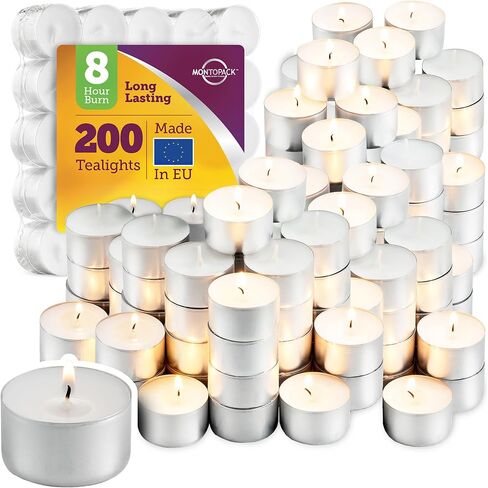 MontoPack Unscented White Tealight Candles Bulk [200] | 8 Hours of Smokeless, Dripless, Long Lasting Burning Paraffin Tea Lights | Small Votive Mini Candles for Home, Shabbat, Weddings & Emergencies in Saudi Arabia