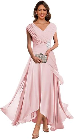 QIAGE Lace Applique Chiffon Mother of The Bride Dresses Cap Sleeves Evening Gown V Neck Formal Dress for Wedding QAN006 in Saudi Arabia