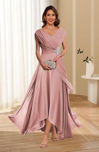 QIAGE Lace Applique Chiffon Mother of The Bride Dresses Cap Sleeves Evening Gown V Neck Formal Dress for Wedding QAN006 in Saudi Arabia