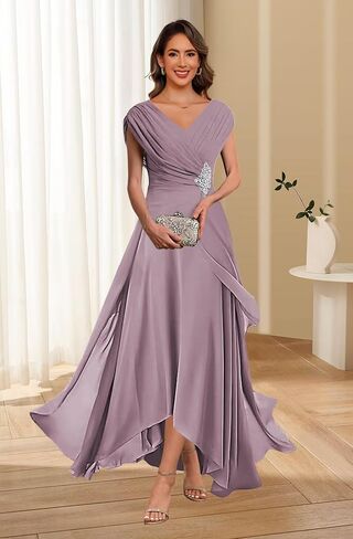 QIAGE Lace Applique Chiffon Mother of The Bride Dresses Cap Sleeves Evening Gown V Neck Formal Dress for Wedding QAN006 in Saudi Arabia