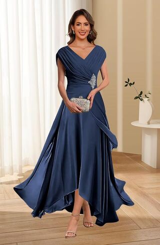 QIAGE Lace Applique Chiffon Mother of The Bride Dresses Cap Sleeves Evening Gown V Neck Formal Dress for Wedding QAN006 in Saudi Arabia