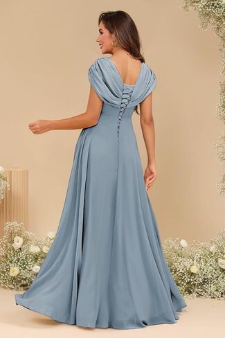 QIAGE Lace Applique Chiffon Mother of The Bride Dresses Cap Sleeves Evening Gown V Neck Formal Dress for Wedding QAN006 in Saudi Arabia