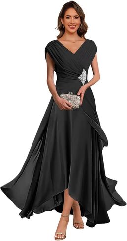 QIAGE Lace Applique Chiffon Mother of The Bride Dresses Cap Sleeves Evening Gown V Neck Formal Dress for Wedding QAN006 in Saudi Arabia