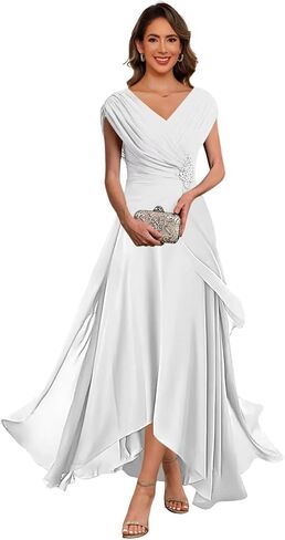 QIAGE Lace Applique Chiffon Mother of The Bride Dresses Cap Sleeves Evening Gown V Neck Formal Dress for Wedding QAN006 in Saudi Arabia