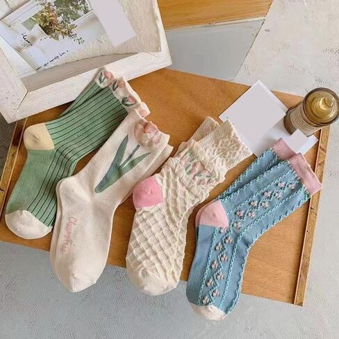 4-Pack Tulip Cute Retro Mid-Calf Socks for Women, Autumn and Winter in Saudi Arabia