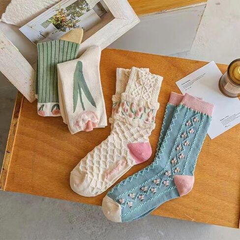 4-Pack Tulip Cute Retro Mid-Calf Socks for Women, Autumn and Winter in Saudi Arabia