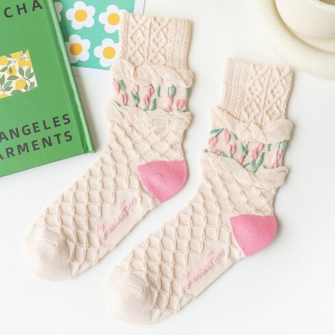 4-Pack Tulip Cute Retro Mid-Calf Socks for Women, Autumn and Winter in Saudi Arabia