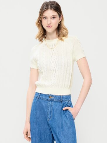 Old Navy Seaside Cotton Short-Sleeve Cable-Knit Cropped Sweater - Sea Salt in Kuwait
