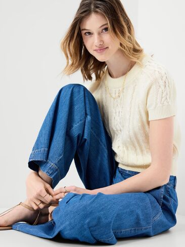 Old Navy Seaside Cotton Short-Sleeve Cable-Knit Cropped Sweater - Sea Salt in Kuwait