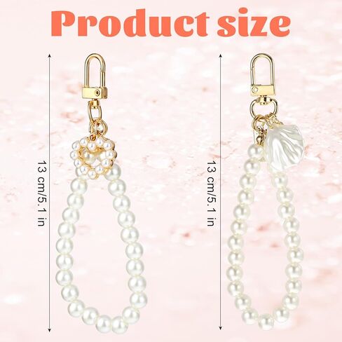2PCS Pearl Keychain Wristlet Golden Imitation Pearl Key Chain Women Cute Purse Charms Pendant Girly Key Ring for Car Keys (Shell+Heart) in Saudi Arabia