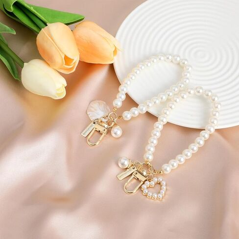 2PCS Pearl Keychain Wristlet Golden Imitation Pearl Key Chain Women Cute Purse Charms Pendant Girly Key Ring for Car Keys (Shell+Heart) in Saudi Arabia