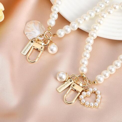 2PCS Pearl Keychain Wristlet Golden Imitation Pearl Key Chain Women Cute Purse Charms Pendant Girly Key Ring for Car Keys (Shell+Heart) in Saudi Arabia