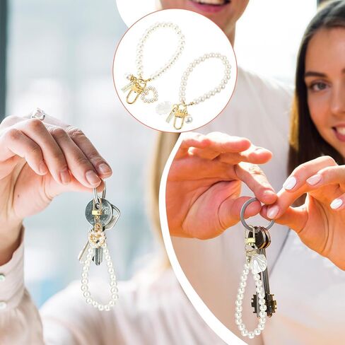 2PCS Pearl Keychain Wristlet Golden Imitation Pearl Key Chain Women Cute Purse Charms Pendant Girly Key Ring for Car Keys (Shell+Heart) in Saudi Arabia