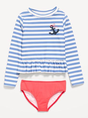 طقم ملابس السباحة Rashguard بأكمام طويلة ومطبوع من Old Navy للفتيات الصغيرات - شريط أزرق in Kuwait