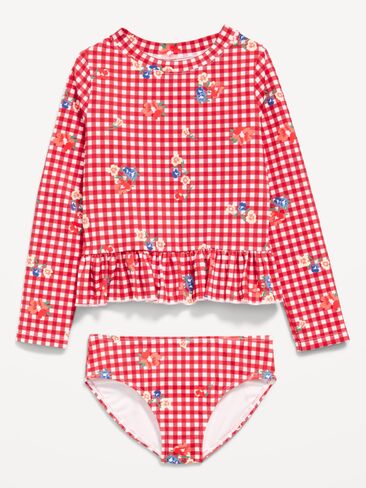 طقم ملابس السباحة Rashguard بأكمام طويلة مطبوع عليه Old Navy للفتيات الصغيرات - قماش قطني أحمر in Kuwait