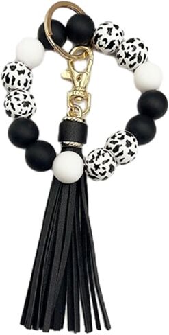 Phamines السوار المفاتيح النساء، البقرة الخشب الخرز سيليكون مطرز كيرينغ سوار، الإسورة مع شرابة حامل سلسلة مفاتيح السيارة in Kuwait